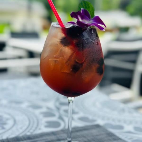 A refreshing red cocktail with ice, blueberries, a red straw, and a purple orchid garnish.